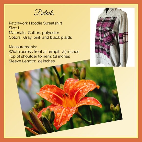 Upcycled Patchwork Hoodie, Size Large: Gray & Pink Plaid, Raw Seam Grunge - Picture 3 of 12